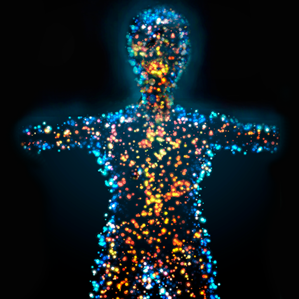 Frontpage, CAG LOGINFLAM, the shape a human made up from lighting dots in multiple colours, black background