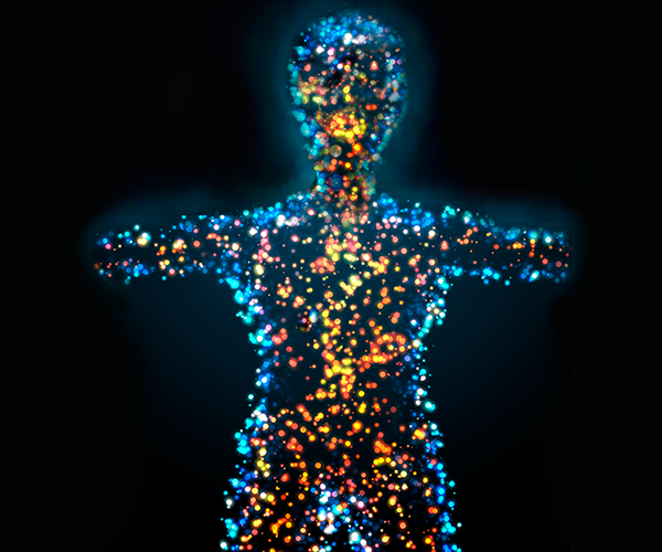 Frontpage, CAG LOGINFLAM, the shape a human made up from lighting dots in multiple colours, black background
